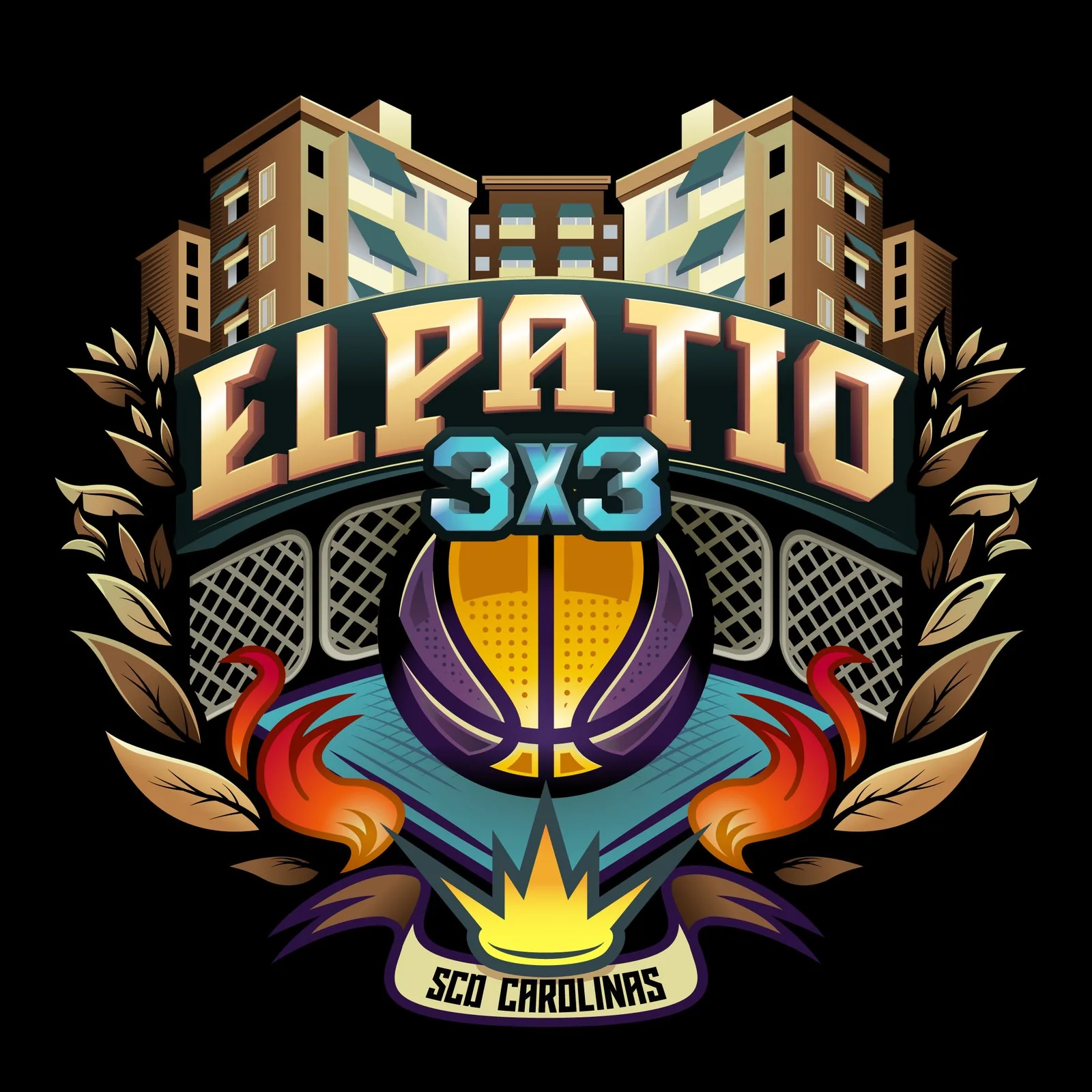 Emblema con balón morado sobre negro