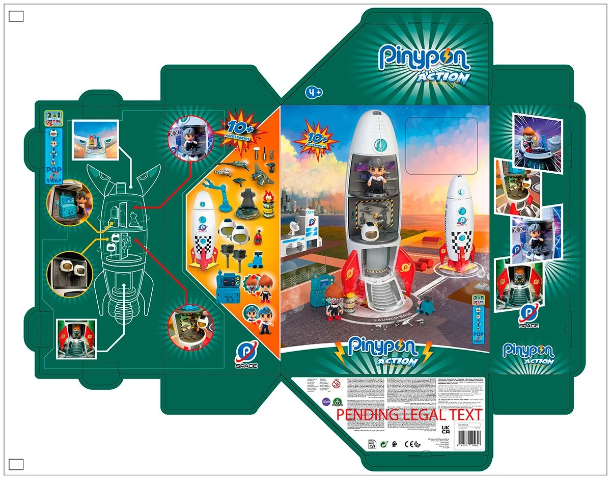Pin & Pon Action — troquel desplegado de la caja del Rocket