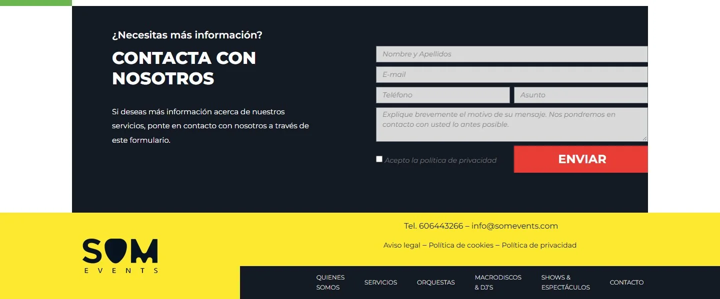 Contacto y pie de la web de SOM Events